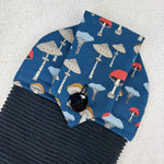 Load image into Gallery viewer, Blue fabric with mushroom pattern on a textured surface kitchen towel
