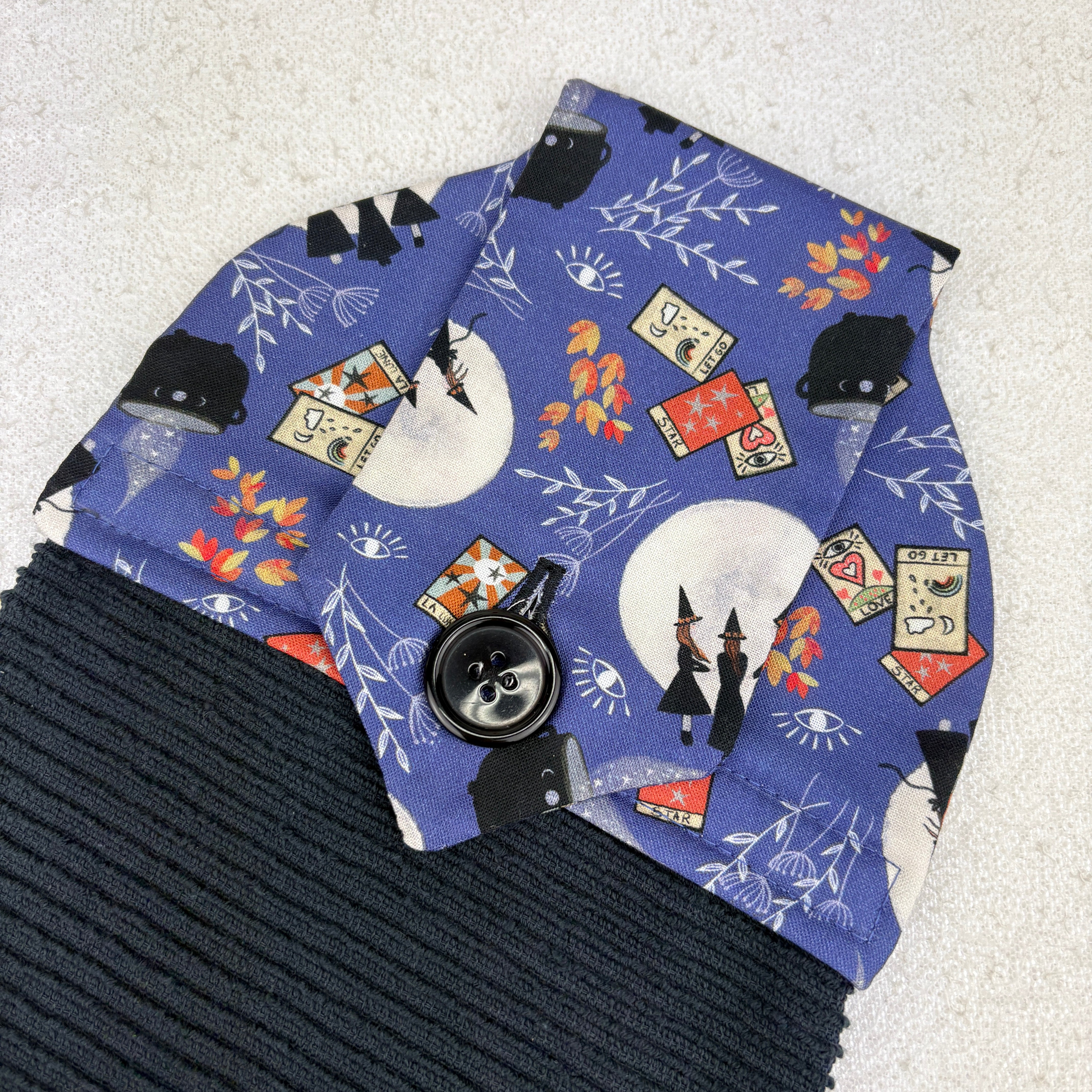 Blue fabric with tarot card design and black button kitchen towel, witches, spooky, halloween