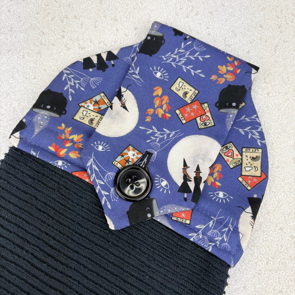 Blue fabric with tarot card design and black button kitchen towel, witches, spooky, halloween