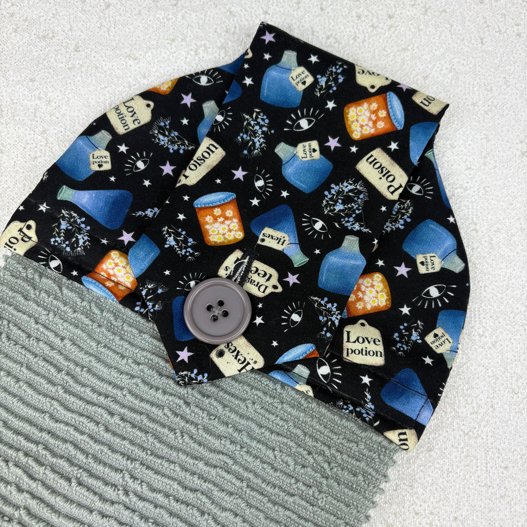 kitchen towel with hexes and potions, halloween, spooky, mystic, witches
