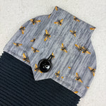 Load image into Gallery viewer, cotton topped towel with fabric design of bees on grey wood grain
